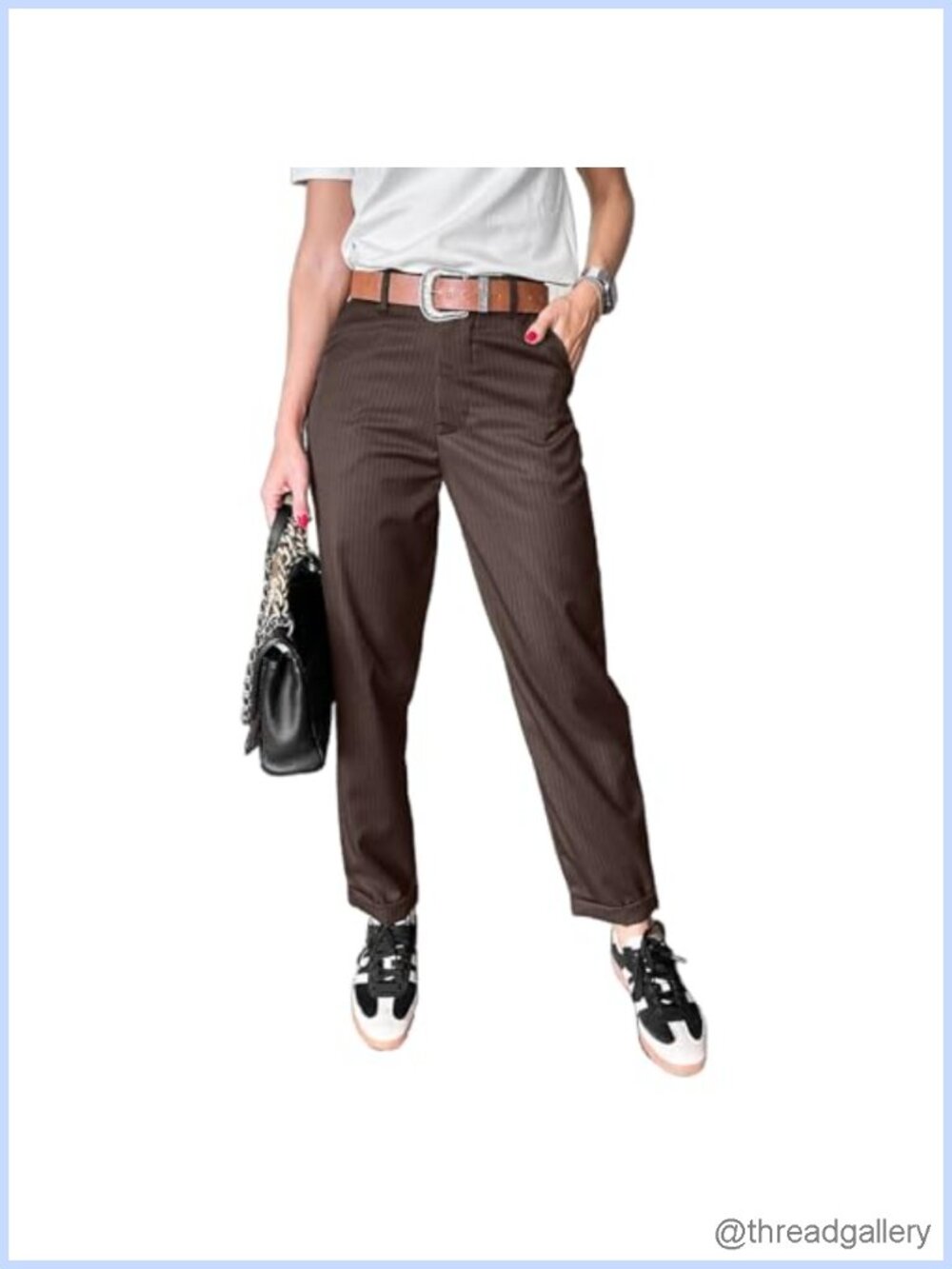 High Waisted Striped Ankle Dress Pants Cuffed Hem Work Trousers